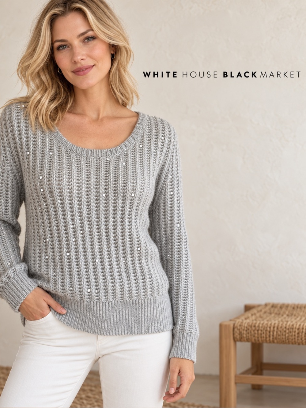 🌸White House Black Market Silver Gray Knit Sweater - Scoop Neck size XS Preppy